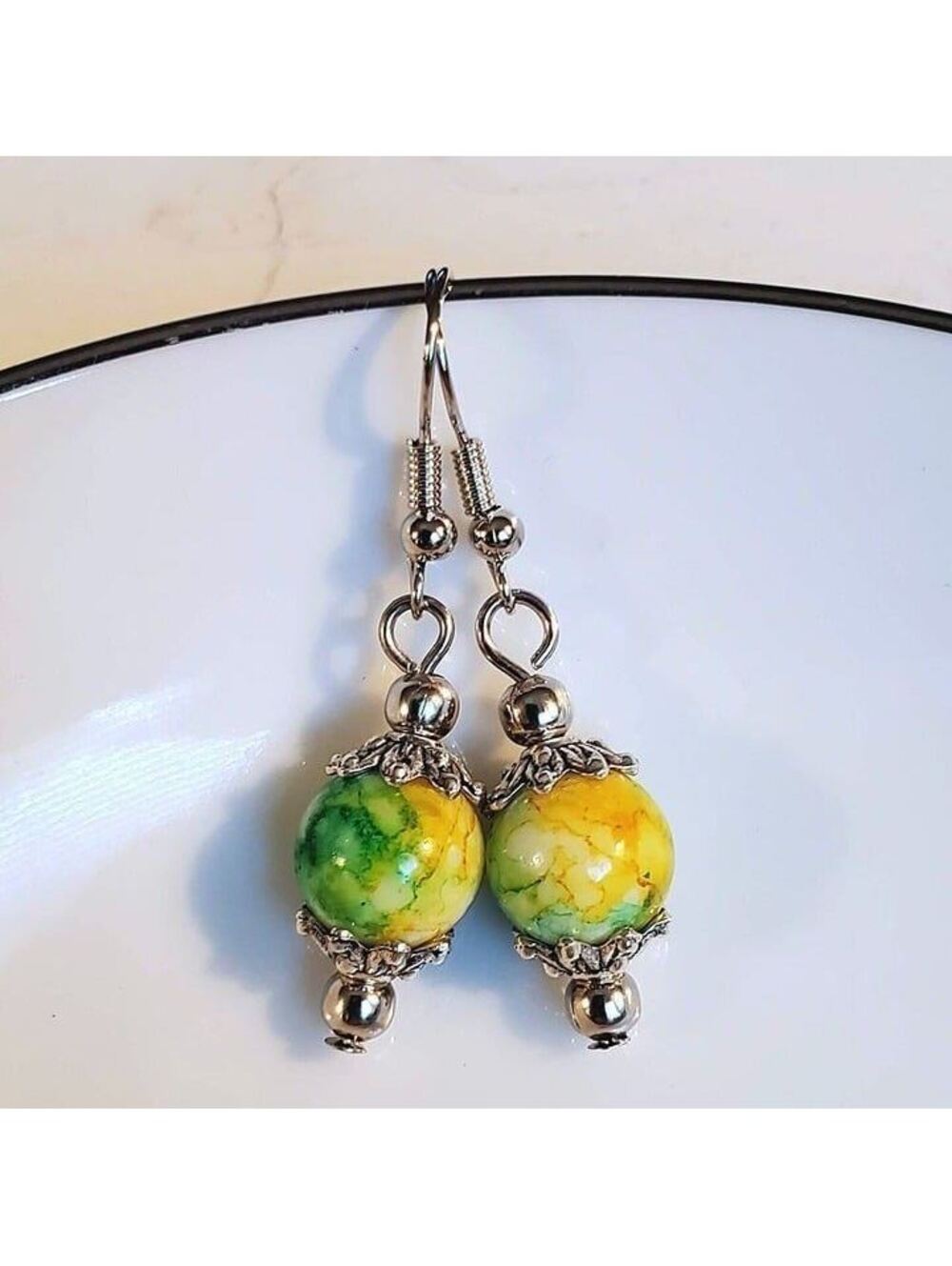 Art Nouveau Glass Beads Mottled Green Yellow Antiqued Silver Earrings